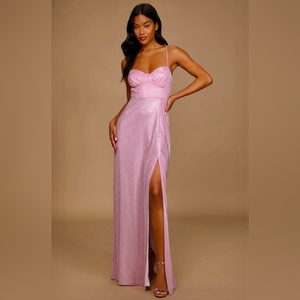 Lulu’s Lucky For You Pink Glitter Bustier Barbie Maxi Dress XL NWT